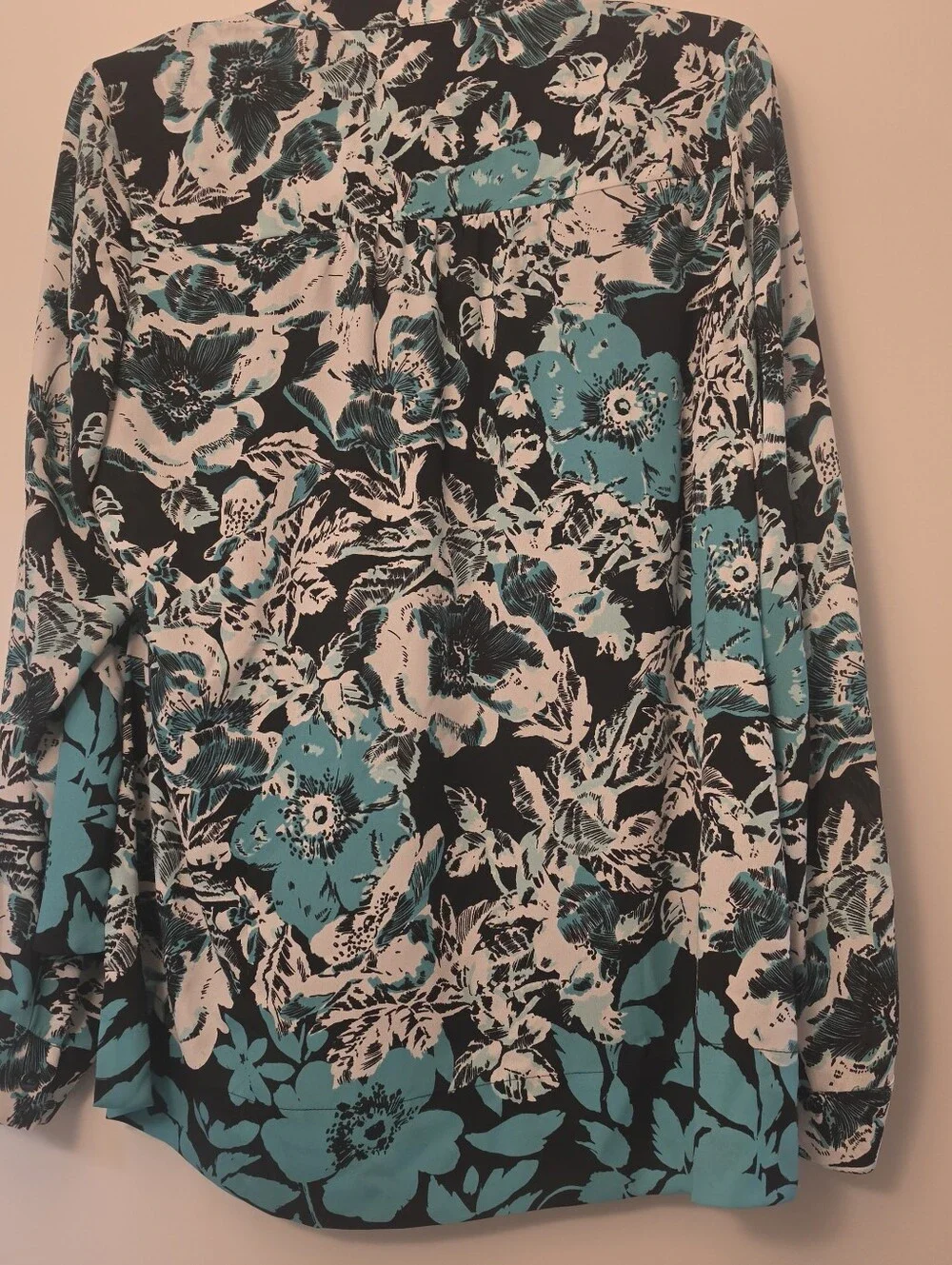 Alfani Teal Black White Floral Twist-Front Blouse